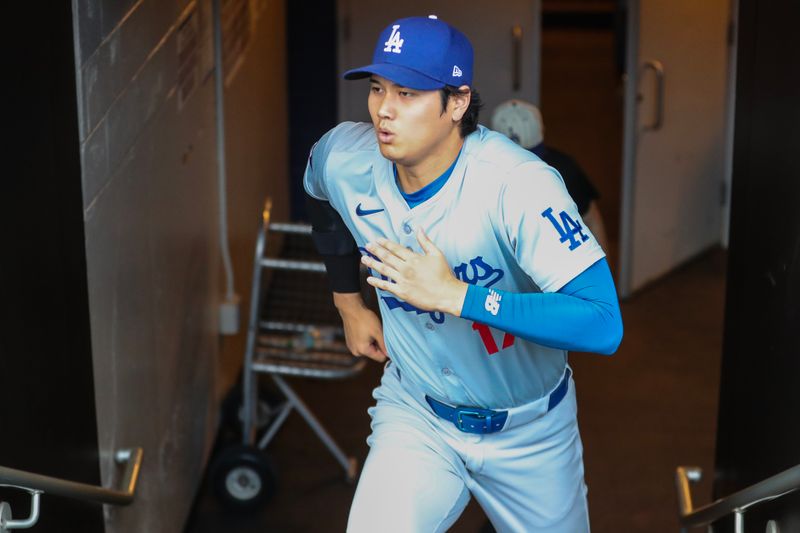 May 29, 2024; New York City, New York, USA;  Los Angeles Dodgers designated hitter Shohei Ohtani (17) takes the field prior to the game against the New York Mets at Citi Field. Mandatory Credit: Wendell Cruz-USA TODAY Sports