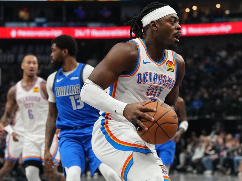 DALLAS, TX - JANUARY 17:  Luguentz Dort #5 of the Oklahoma City Thunder handles the ball during the game against the Dallas Mavericks on January 17, 2025 at American Airlines Center in Dallas, Texas. NOTE TO USER: User expressly acknowledges and agrees that, by downloading and or using this photograph, User is consenting to the terms and conditions of the Getty Images License Agreement. Mandatory Copyright Notice: Copyright 2025 NBAE (Photo by Glenn James/NBAE via Getty Images)