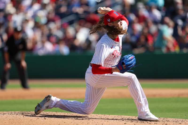 Feb 25, 2024; Clearwater, Florida, USA;  Philadelphia Phillies relief pitcher Matt Strahm (25) throws a pitch against the New York Yankees in the third inning at BayCare Ballpark. Mandatory Credit: Nathan Ray Seebeck-USA TODAY Sports