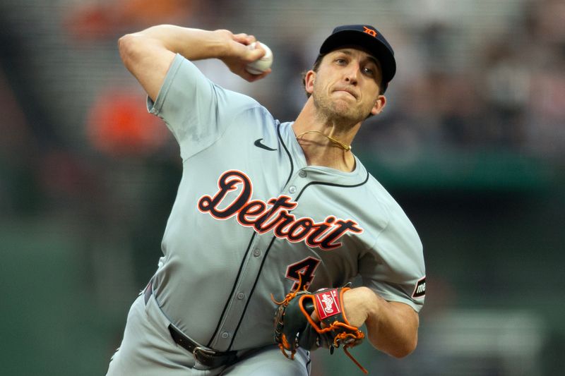 Aug 9, 2024; San Francisco, California, USA; Detroit Tigers starting pitcher Beau Brieske (4) delivers a pitch against the San Francisco Giants during the first inning at Oracle Park. Mandatory Credit: D. Ross Cameron-USA TODAY Sports