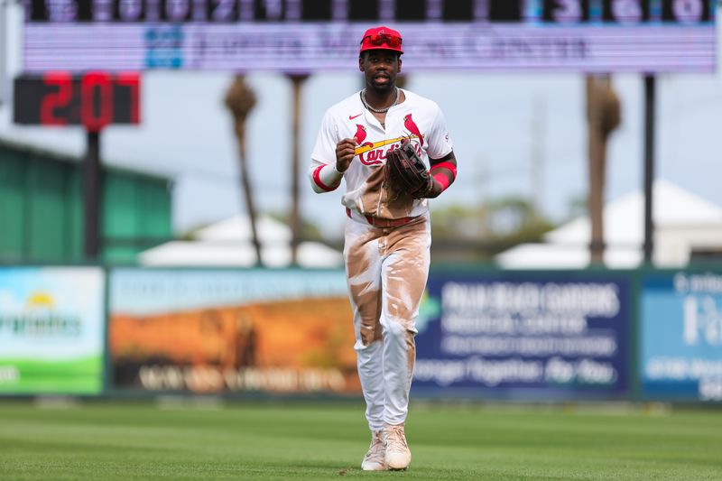 Mar 1, 2024; Jupiter, Florida, USA; St. Louis Cardinals right fielder Jordan Walker (18) runs on the field against the New York Mets during the fourth inning at Roger Dean Chevrolet Stadium. Mandatory Credit: Sam Navarro-USA TODAY Sports