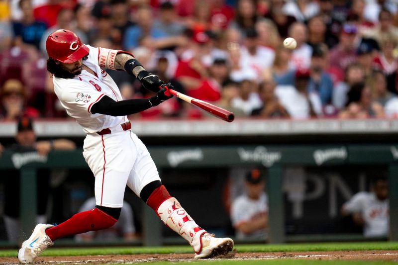 Aug 3, 2024; Cincinnati, Ohio, USA; Cincinnati Reds second base Jonathan India (6) hits a home run against the San Francisco Giants in the third inning at Great American Ball Park. Mandatory Credit: Albert Cesare-USA TODAY Sports