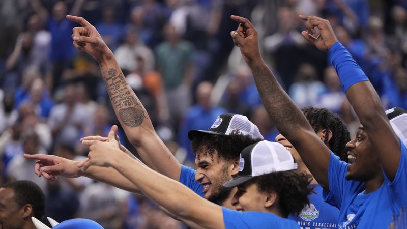 Mar 11, 2023; Greensboro, NC, USA; Duke Blue Devils players celebrate their victory over the Virginia in the Championship of the ACC Tournament at Greensboro Coliseum. Mandatory Credit: Bob Donnan-USA TODAY Sports