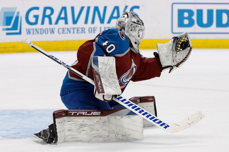 Dec 5, 2023; Denver, Colorado, USA; Colorado Avalanche goaltender Alexandar Georgiev (40) makes a save in the first period against the Anaheim Ducks at Ball Arena. Mandatory Credit: Isaiah J. Downing-USA TODAY Sports