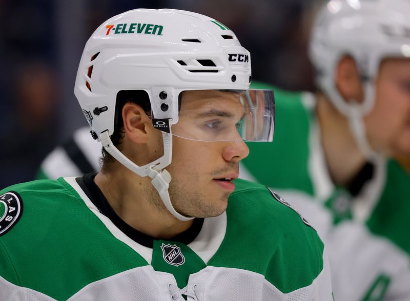 Oct 22, 2024; Buffalo, New York, USA;  Dallas Stars center Logan Stankoven (11) waits for the face-off during the second period against the Buffalo Sabres at KeyBank Center. Mandatory Credit: Timothy T. Ludwig-Imagn Images