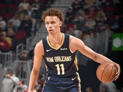 CLEVELAND, OH - December 21: Dyson Daniels #11 of the New Orleans Pelicans dribbles the ball during the game against the Cleveland Cavaliers on December 21, 2023 at Rocket Mortgage FieldHouse in Cleveland, Ohio. NOTE TO USER: User expressly acknowledges and agrees that, by downloading and/or using this Photograph, user is consenting to the terms and conditions of the Getty Images License Agreement. Mandatory Copyright Notice: Copyright 2023 NBAE (Photo by David Liam Kyle/NBAE via Getty Images)