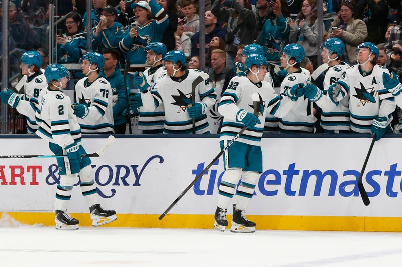 Mar 28, 2026; Columbus, Ohio, USA; San Jose Sharks left wing Igor Chernyshov (92) celebrates his goal against the Columbus Blue Jackets during the third period at Nationwide Arena. Mandatory Credit: Russell LaBounty-Imagn Images