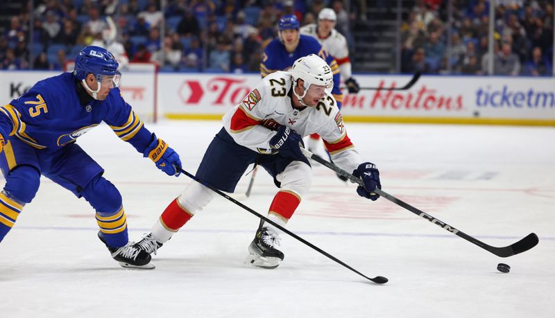 Oct 28, 2024; Buffalo, New York, USA;  Buffalo Sabres defenseman Connor Clifton (75) defends as Florida Panthers center Carter Verhaeghe (23) looks to control the puck during the first period at KeyBank Center. Mandatory Credit: Timothy T. Ludwig-Imagn Images