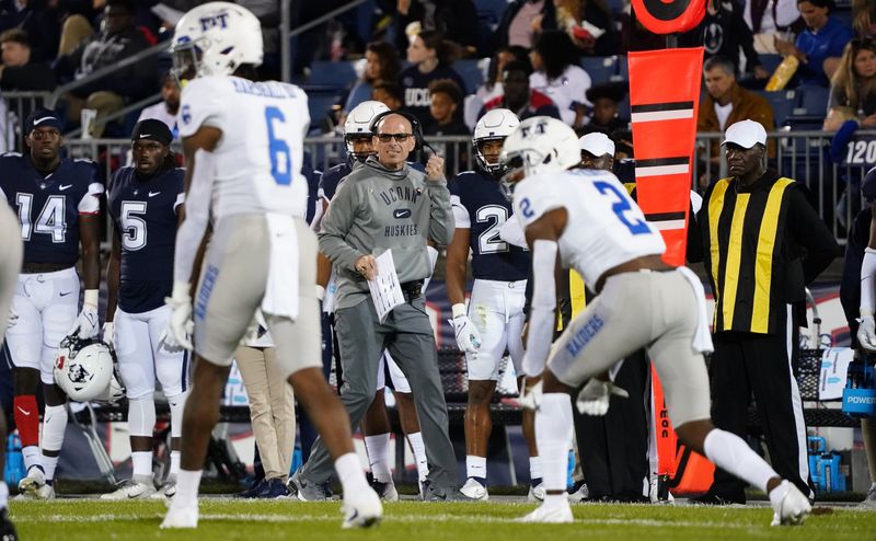 Oct 22, 2021; East Hartford, Connecticut, USA; Connecticut Huskies interim head coach Lou Spanos on the sideline against the Middle Tennessee Blue Raiders in the first half at Rentschler Field at Pratt & Whitney Stadium. Mandatory Credit: David Butler II-USA TODAY Sports