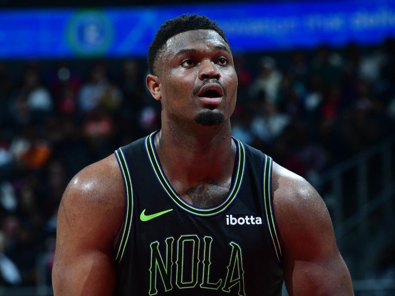 ATLANTA, GA - MARCH 10: Zion Williamson #1 of the New Orleans Pelicans shoots a free throw during the game against the Atlanta Hawks on March 10, 2024 at State Farm Arena in Atlanta, Georgia.  NOTE TO USER: User expressly acknowledges and agrees that, by downloading and/or using this Photograph, user is consenting to the terms and conditions of the Getty Images License Agreement. Mandatory Copyright Notice: Copyright 2024 NBAE (Photo by Scott Cunningham/NBAE via Getty Images)