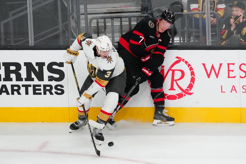 Oct 25, 2024; Las Vegas, Nevada, USA; Ottawa Senators left wing Brady Tkachuk (7) tips the puck away from Vegas Golden Knights defenseman Brayden McNabb (3) during the third period at T-Mobile Arena. Mandatory Credit: Stephen R. Sylvanie-Imagn Images