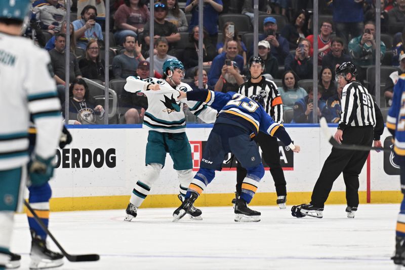 Mar 26, 2026; St. Louis, Missouri, USA; San Jose Sharks center Zack Ostapchuk (63) fights St. Louis Blues defenseman Logan Mailloux (23) in the second period at Enterprise Center. Mandatory Credit: Joe Puetz-Imagn Images