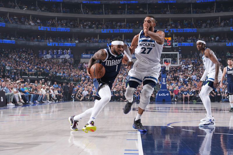 DALLAS, TX - MAY 26: Jaden Hardy #1 of the Dallas Mavericks drives to the basket during the game against the Minnesota Timberwolves during Game 3 of the Western Conference Finals of the 2024 NBA Playoffs on May 26, 2024 at the American Airlines Center in Dallas, Texas. NOTE TO USER: User expressly acknowledges and agrees that, by downloading and or using this photograph, User is consenting to the terms and conditions of the Getty Images License Agreement. Mandatory Copyright Notice: Copyright 2024 NBAE (Photo by Jesse D. Garrabrant/NBAE via Getty Images)