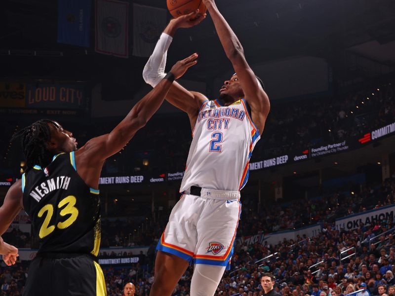 OKLAHOMA CITY, OK - MARCH 12: Shai Gilgeous-Alexander #2 of the Oklahoma City Thunder shoots the ball during the game against the Indiana Pacers on March 12, 2024 at Paycom Arena in Oklahoma City, Oklahoma. NOTE TO USER: User expressly acknowledges and agrees that, by downloading and or using this photograph, User is consenting to the terms and conditions of the Getty Images License Agreement. Mandatory Copyright Notice: Copyright 2024 NBAE (Photo by Zach Beeker/NBAE via Getty Images)