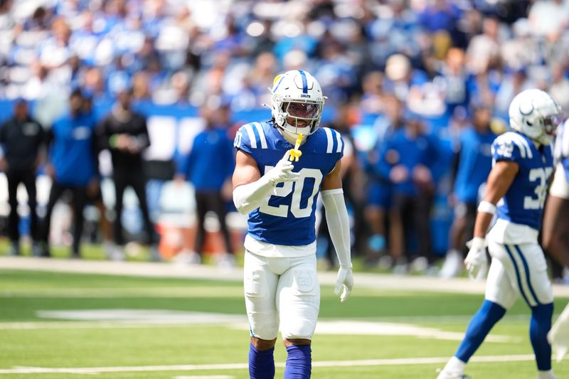 Indianapolis Colts safety Nick Cross (20) during the first half of an NFL football game against the Houston Texans, Sunday, Sept. 8, 2024, in Indianapolis. (AP Photo/Michael Conroy)