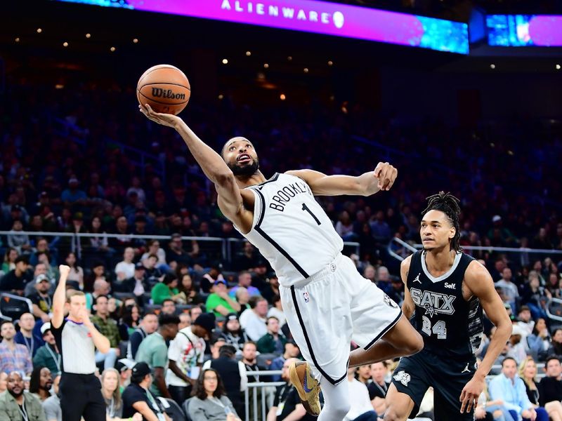 AUSTIN, TX - MARCH 17: Mikal Bridges #1 of the Brooklyn Nets shoots the ball during the game against the San Antonio Spurs on March 17, 2024 at the Moody Center in Austin, Texas. NOTE TO USER: User expressly acknowledges and agrees that, by downloading and or using this photograph, user is consenting to the terms and conditions of the Getty Images License Agreement. Mandatory Copyright Notice: Copyright 2024 NBAE (Photos by Michael Gonzales/NBAE via Getty Images)