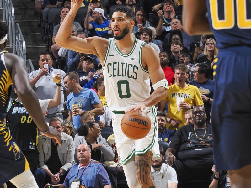 INDIANAPOLIS, IN - OCTOBER 30: Jayson Tatum #0 of the Boston Celtics dribbles the ball during the game on October 30, 2024 at Gainbridge Fieldhouse in Indianapolis, Indiana. NOTE TO USER: User expressly acknowledges and agrees that, by downloading and or using this Photograph, user is consenting to the terms and conditions of the Getty Images License Agreement. Mandatory Copyright Notice: Copyright 2024 NBAE (Photo by Ron Hoskins/NBAE via Getty Images)