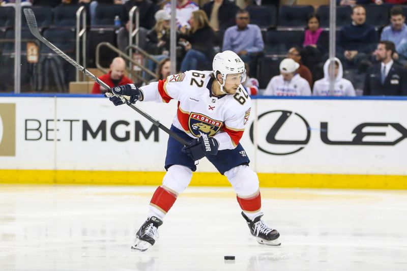 Mar 4, 2024; New York, New York, USA;  Florida Panthers defenseman Brandon Montour (62) attempts a shot on goal in the second period against the New York Rangers at Madison Square Garden. Mandatory Credit: Wendell Cruz-USA TODAY Sports