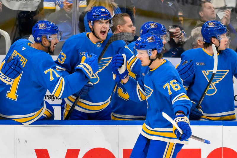 Apr 5, 2025; St. Louis, Missouri, USA;  St. Louis Blues center Zack Bolduc (76) is congratulated by right wing Alexey Toropchenko (13) and right wing Mathieu Joseph (71) after scoring against the Colorado Avalanche during the first period at Enterprise Center. Mandatory Credit: Jeff Curry-Imagn Images