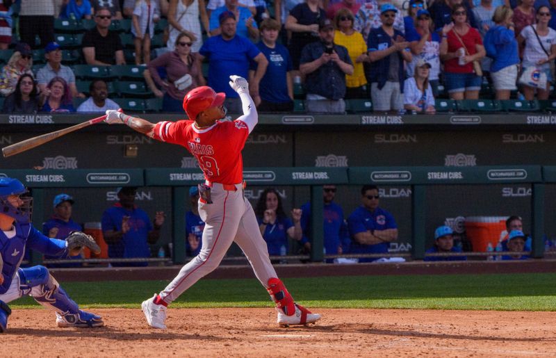 Feb 27, 2025; Mesa, Arizona, USA; Los Angeles Angels infielder Kyren Paris (19) reacts as he hits a home run in the top of the ninth with two outs during a spring training game against the Chicago Cubs at Sloan Park to tie the game 4-4. Mandatory Credit: Allan Henry-Imagn Images