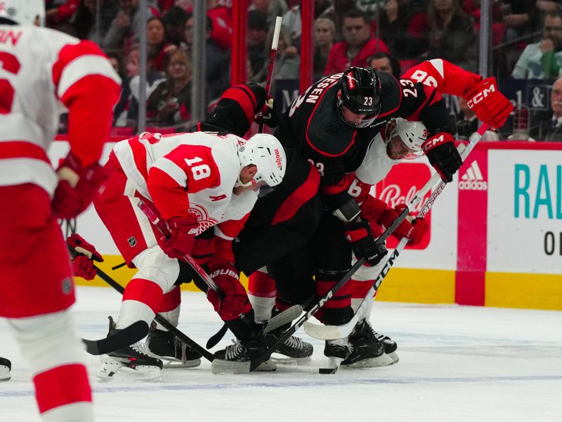 Jan 19, 2024; Raleigh, North Carolina, USA;  Carolina Hurricanes right wing Stefan Noesen (23) battles for the puck against Detroit Red Wings right wing Christian Fischer (36) and center Andrew Copp (18) during the first period at PNC Arena. Mandatory Credit: James Guillory-USA TODAY Sports