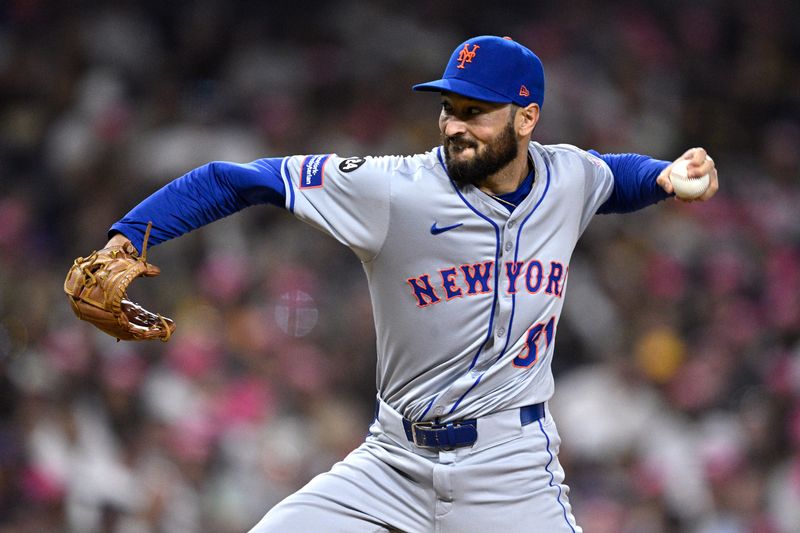 Aug 22, 2024; San Diego, California, USA; New York Mets relief pitcher Danny Young (81) pitches against the San Diego Padres during the sixth inning at Petco Park. Mandatory Credit: Orlando Ramirez-USA TODAY Sports