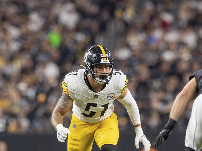 Pittsburgh Steelers linebacker Nick Herbig (51) against the Las Vegas Raiders in an NFL football game, Sunday, Sept. 24, 2023, in Las Vegas, NV. Steelers won 23-18. (AP Photo/Jeff Lewis)