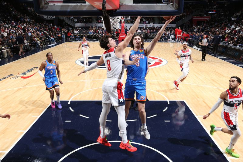 WASHINGTON, DC -? JANUARY 8: Josh Giddey #3 of the Oklahoma City Thunder drives to the basket during the game against the Washington Wizards on January 8, 2024 at Capital One Arena in Washington, DC. NOTE TO USER: User expressly acknowledges and agrees that, by downloading and or using this Photograph, user is consenting to the terms and conditions of the Getty Images License Agreement. Mandatory Copyright Notice: Copyright 2024 NBAE (Photo by Stephen Gosling/NBAE via Getty Images)