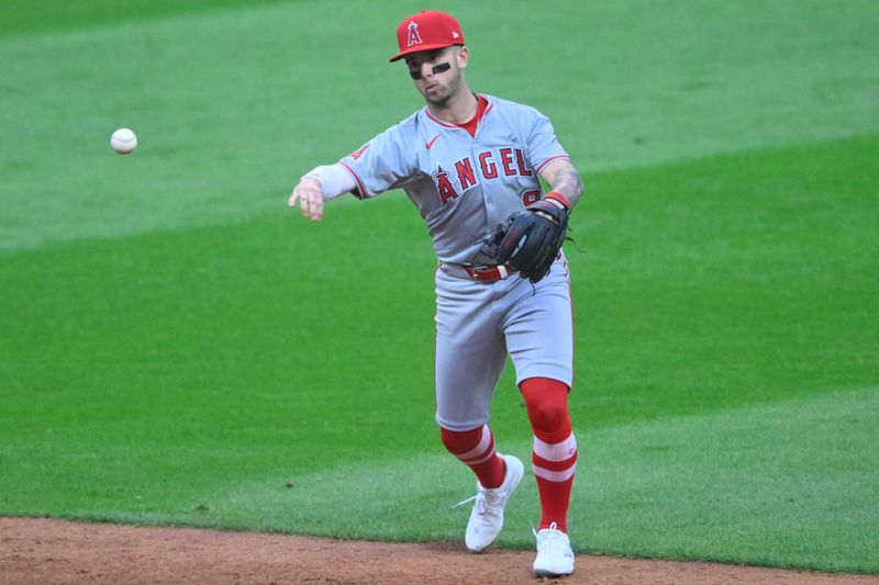 May 3, 2024; Cleveland, Ohio, USA; Los Angeles Angels shortstop Zach Neto (9) throws to first base in the second inning against the Cleveland Guardians at Progressive Field. Mandatory Credit: David Richard-USA TODAY Sports