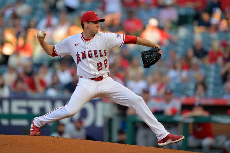 Jun 28, 2025; Anaheim, California, USA;  Los Angeles Angels starting pitcher Kyle Hendricks (28) delivers to the plate during the first inning against the Washington Nationals at Angel Stadium. Mandatory Credit: Jayne Kamin-Oncea-Imagn Images