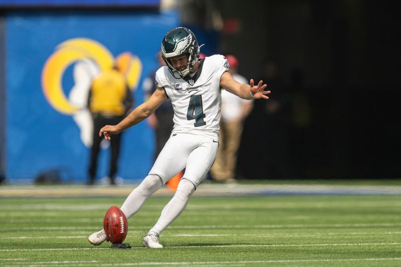 Philadelphia Eagles place kicker Jake Elliott (4) kicks the ball during an NFL football game against the Los Angeles Rams, Sunday, Oct. 8, 2023, in Inglewood, Calif. (AP Photo/Kyusung Gong)