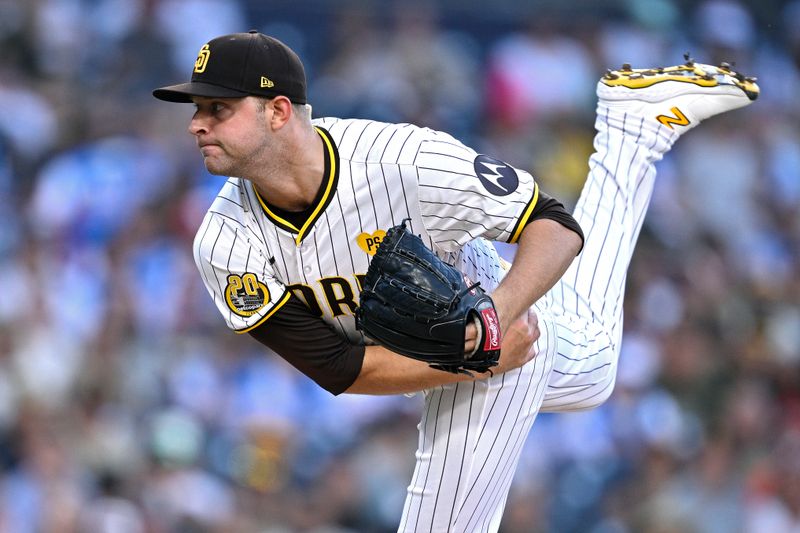 Aug 13, 2024; San Diego, California, USA; San Diego Padres starting pitcher Michael King (34) pitches against the Pittsburgh Pirates during the first inning at Petco Park. Mandatory Credit: Orlando Ramirez-USA TODAY Sports