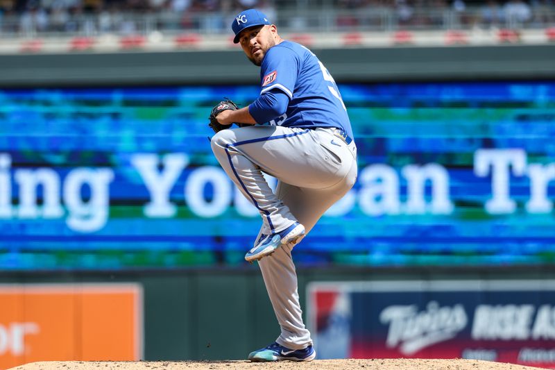 May 25, 2025; Minneapolis, Minnesota, USA; Kansas City Royals pitcher Carlos Estevez (53) delivers against the Minnesota Twins during the eighth inning at Target Field. Mandatory Credit: Matt Krohn-Imagn Images