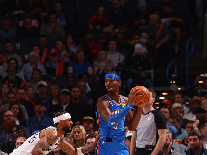 OKLAHOMA CITY, OK - JANUARY 29: Shai Gilgeous-Alexander #2 of the Oklahoma City Thunder handles the ball during the game against the Minnesota Timberwolves on January 29, 2024 at Paycom Arena in Oklahoma City, Oklahoma. NOTE TO USER: User expressly acknowledges and agrees that, by downloading and or using this photograph, User is consenting to the terms and conditions of the Getty Images License Agreement. Mandatory Copyright Notice: Copyright 2024 NBAE (Photo by Zach Beeker/NBAE via Getty Images)