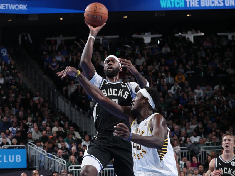 MILWAUKEE, WI - NOVEMBER 22:  Bobby Portis #9 of the Milwaukee Bucks shoots the ball during the game against the Indiana Pacers during a Emirates NBA Cup on November 22, 2024 at Fiserv Forum Center in Milwaukee, Wisconsin. NOTE TO USER: User expressly acknowledges and agrees that, by downloading and or using this Photograph, user is consenting to the terms and conditions of the Getty Images License Agreement. Mandatory Copyright Notice: Copyright 2024 NBAE (Photo by Gary Dineen/NBAE via Getty Images).