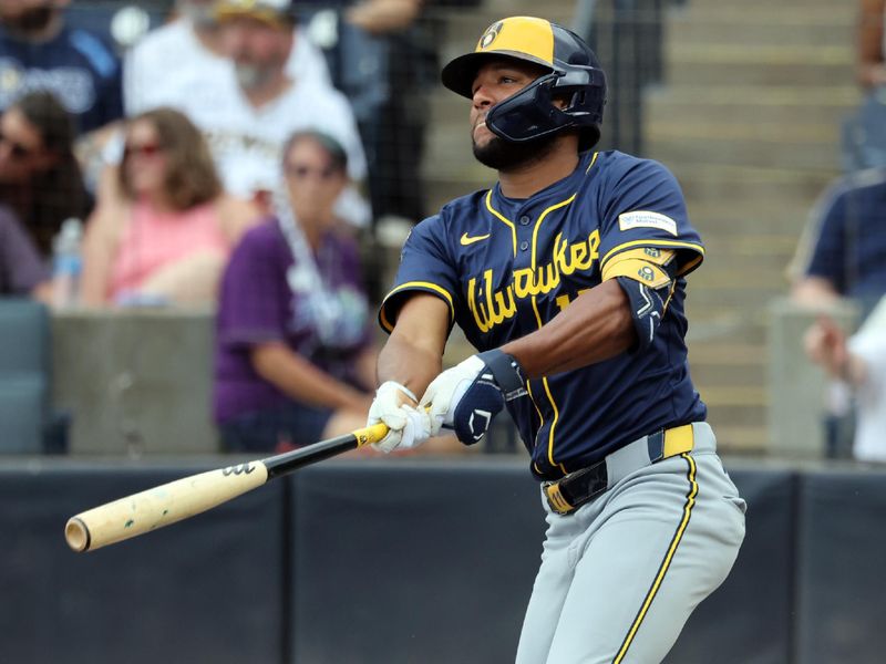 May 10, 2025; St. Petersburg, Florida, USA; Milwaukee Brewers outfielder Jackson Chourio (11) hits a home run against the Tampa Bay Rays during the third inning at George M. Steinbrenner Field. Mandatory Credit: Kim Klement Neitzel-Imagn Images May 10, 2025; St. Petersburg, Florida, USA; Milwaukee Brewers outfielder Jackson Chourio (11) hits a home run against the Tampa Bay Rays during the third inning at George M. Steinbrenner Field. Mandatory Credit: Kim Klement Neitzel-Imagn Images