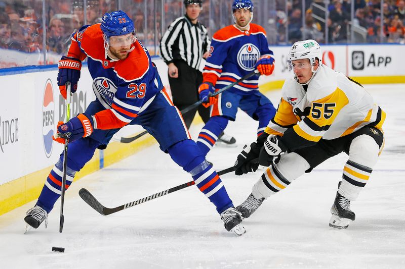 Mar 3, 2024; Edmonton, Alberta, CAN; Edmonton Oilers forward Leon Draisaitl (29) looks to make a pass in front of Pittsburgh Penguins forward Noel Acciari (55) during the third period at Rogers Place. Mandatory Credit: Perry Nelson-USA TODAY Sports