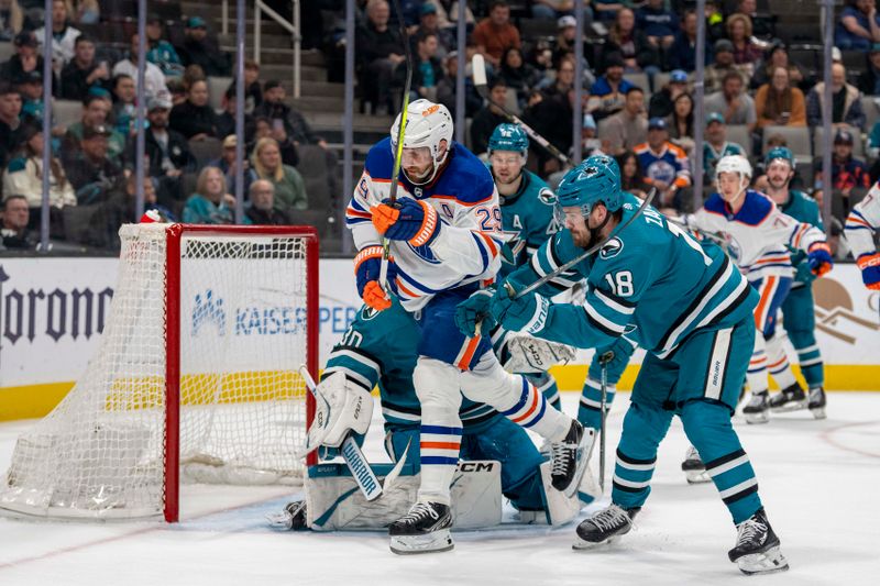 Dec 28, 2023; San Jose, California, USA; Edmonton Oilers center Leon Draisaitl (29) celebrates after the goal against San Jose Sharks goalie Magnus Chrona (30) during the first period at SAP Center at San Jose. Mandatory Credit: Neville E. Guard-USA TODAY Sports