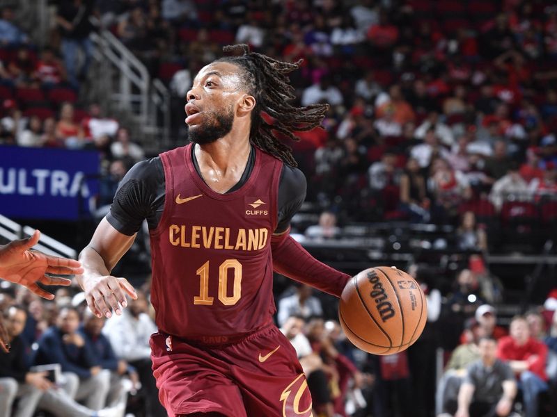 HOUSTON, TX - MARCH 16: Darius Garland #10 of the Cleveland Cavaliers dribbles the ball during the game against the Houston Rockets  on March 16, 2023 at the Toyota Center in Houston, Texas. NOTE TO USER: User expressly acknowledges and agrees that, by downloading and or using this photograph, User is consenting to the terms and conditions of the Getty Images License Agreement. Mandatory Copyright Notice: Copyright 2024 NBAE (Photo by Logan Riely/NBAE via Getty Images)