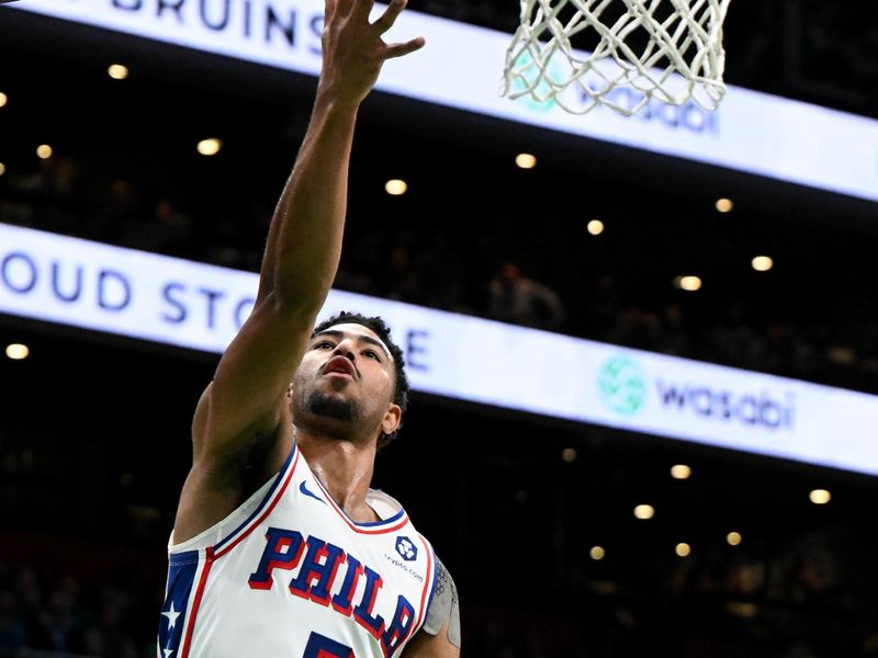 BOSTON, MASSACHUSETTS - MARCH 06: Quentin Grimes #5 of the Philadelphia 76ers attempts a layup against the Boston Celtics during the first quarter at the TD Garden on March 06, 2025 in Boston, Massachusetts. NOTE TO USER: User expressly acknowledges and agrees that, by downloading and or using this photograph, User is consenting to the terms and conditions of the Getty Images License Agreement. (Photo by Brian Fluharty/Getty Images)