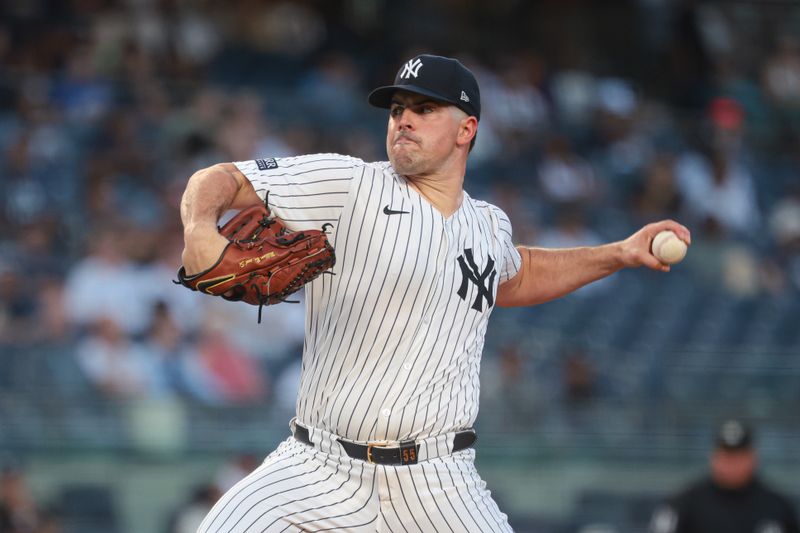 Aug 23, 2024; Bronx, New York, USA; New York Yankees starting pitcher Carlos Rodon (55) delivers a pitch during the first inning against the Colorado Rockies at Yankee Stadium. Mandatory Credit: Vincent Carchietta-USA TODAY Sports