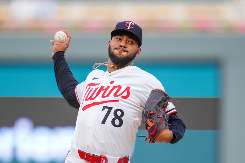 May 28, 2024; Minneapolis, Minnesota, USA; Minnesota Twins pitcher Simeon Woods Richardson (78) pitches against the Kansas City Royals in the first inning at Target Field. Mandatory Credit: Brad Rempel-USA TODAY Sports