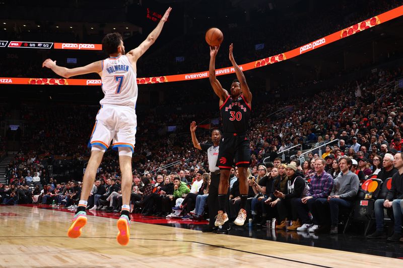 TORONTO, CANADA - MARCH 22:  Ochai Agbaji #30 of the Toronto Raptors shoots a 3-point basket during the game  on March 22, 2024 at the Scotiabank Arena in Toronto, Ontario, Canada.  NOTE TO USER: User expressly acknowledges and agrees that, by downloading and or using this Photograph, user is consenting to the terms and conditions of the Getty Images License Agreement.  Mandatory Copyright Notice: Copyright 2024 NBAE (Photo by Vaughn Ridley/NBAE via Getty Images)