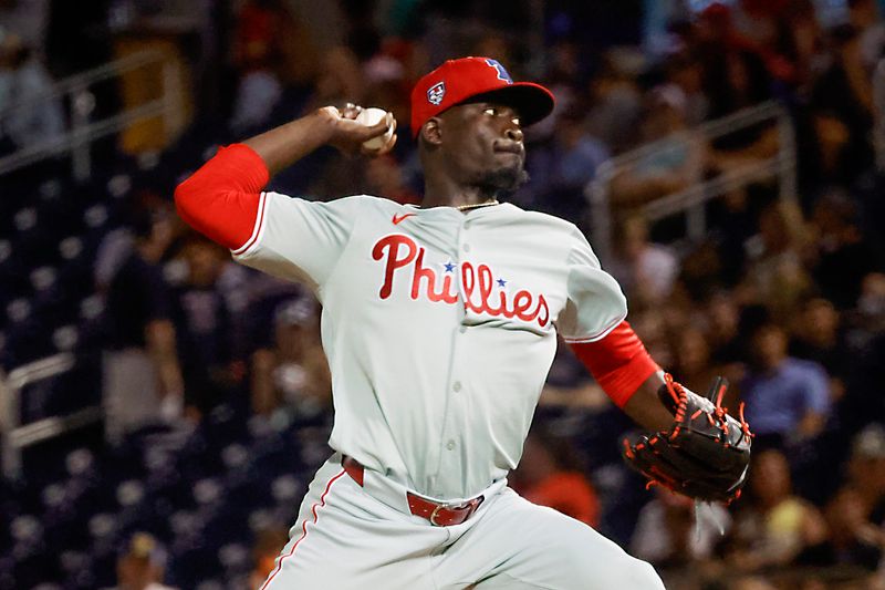 Mar 15, 2024; West Palm Beach, Florida, USA; Philadelphia Phillies relief pitcher Yunior Marte (43) throws a pitch during the ninth inning against the Philadelphia Phillies at The Ballpark of the Palm Beaches. Mandatory Credit: Reinhold Matay-USA TODAY Sports