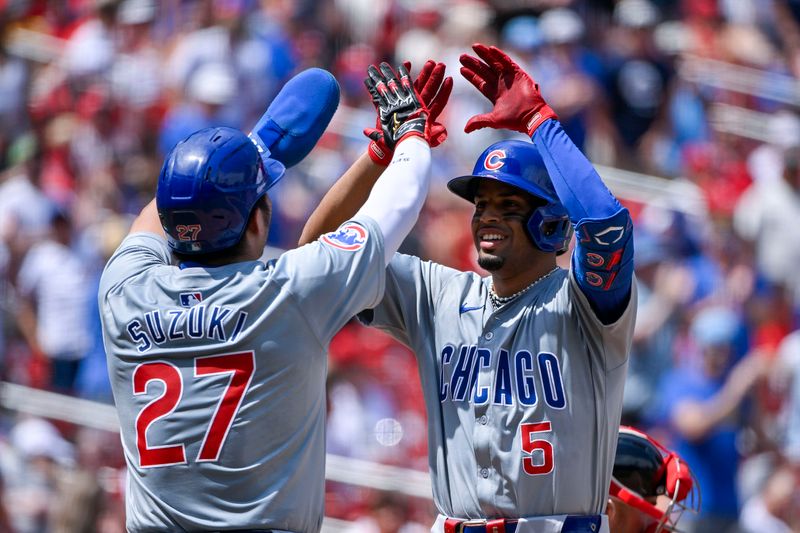 Jul 14, 2024; St. Louis, Missouri, USA;  Chicago Cubs designated hitter Christopher Morel (5) celebrates with right fielder Seiya Suzuki (27) after hitting a two run home run against the St. Louis Cardinals during the sixth inning at Busch Stadium. Mandatory Credit: Jeff Curry-USA TODAY Sports