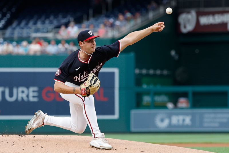 Jul 24, 2024; Washington, District of Columbia, USA; Washington Nationals starting pitcher Mitchell Parker (70) pitches against the San Diego Padres during the first inning at Nationals Park. Mandatory Credit: Geoff Burke-USA TODAY Sports