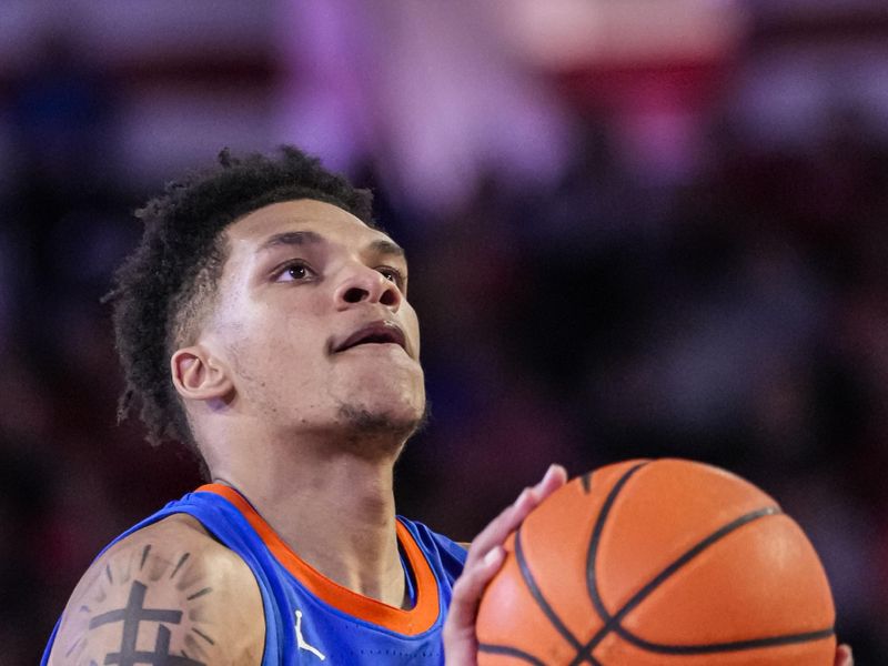 Feb 17, 2024; Athens, Georgia, USA; Florida Gators guard Will Richard (5) shoots a free throw against the Georgia Bulldogs during the second half at Stegeman Coliseum. Mandatory Credit: Dale Zanine-USA TODAY Sports