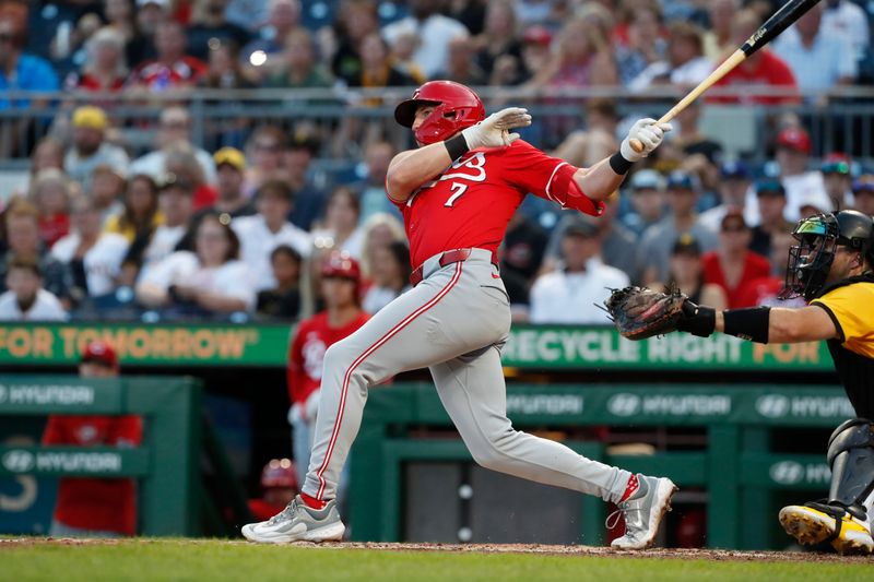 Aug 23, 2024; Pittsburgh, Pennsylvania, USA;  Cincinnati Reds left fielder Spencer Steer (7) hits a double against the Pittsburgh Pirates during the fourth inning at PNC Park. Mandatory Credit: Charles LeClaire-USA TODAY Sports