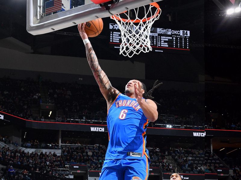 SAN ANTONIO, TX - FEBRUARY 29: Jaylin Williams #6 of the Oklahoma City Thunder shoots the ball during the game against the San Antonio Spurs on February 29, 2024 at the Frost Bank Center in San Antonio, Texas. NOTE TO USER: User expressly acknowledges and agrees that, by downloading and or using this photograph, user is consenting to the terms and conditions of the Getty Images License Agreement. Mandatory Copyright Notice: Copyright 2024 NBAE (Photos by Michael Gonzales/NBAE via Getty Images)