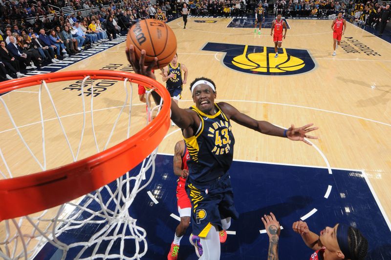 INDIANAPOLIS, IN - NOVEMBER 25: Pascal Siakam #43 of the Indiana Pacers drives to the basket during the game against the New Orleans Pelicans on November 25, 2024 at Gainbridge Fieldhouse in Indianapolis, Indiana. NOTE TO USER: User expressly acknowledges and agrees that, by downloading and or using this Photograph, user is consenting to the terms and conditions of the Getty Images License Agreement. Mandatory Copyright Notice: Copyright 2024 NBAE (Photo by Ron Hoskins/NBAE via Getty Images)